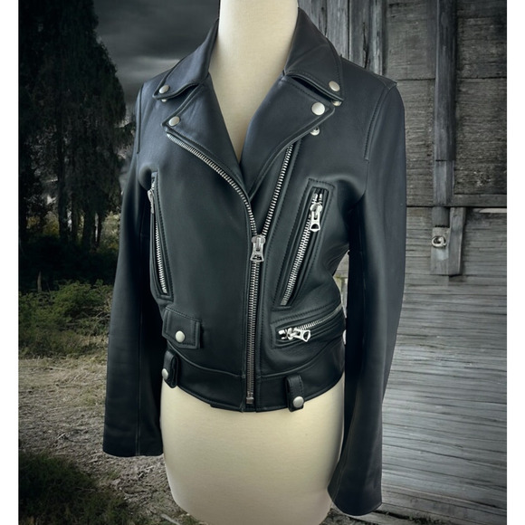 Acne Jackets & Blazers - *Damaged Acne Studios Leather Biker Moto Mock Jacket Black Women’s Size 36 *Flaw
